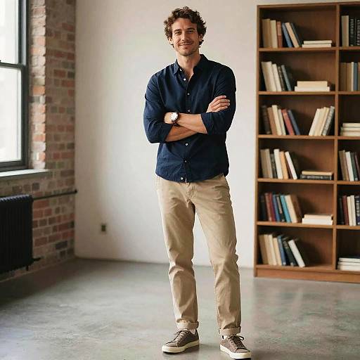 Photograph of a smiling, curly-haired man in a navy shirt, beige pants, and brown sneakers, standing with arms crossed in a brightly lit,