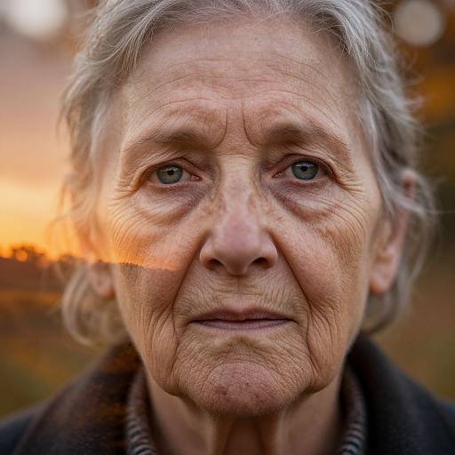 Photograph of an elderly woman with gray hair, wrinkles, and blue eyes, wearing a dark coat, against a sunset-lit background.