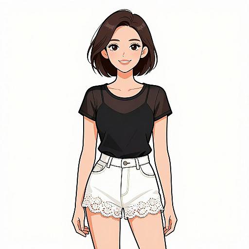 Digital anime-style drawing of a smiling young woman with short brown hair, wearing a black t-shirt and white lace-trimmed shorts.