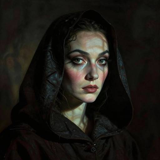 Photograph of a pale-skinned woman with wet black hair, wearing a dark hooded cloak, illuminated by dramatic blue and red lighting, against a