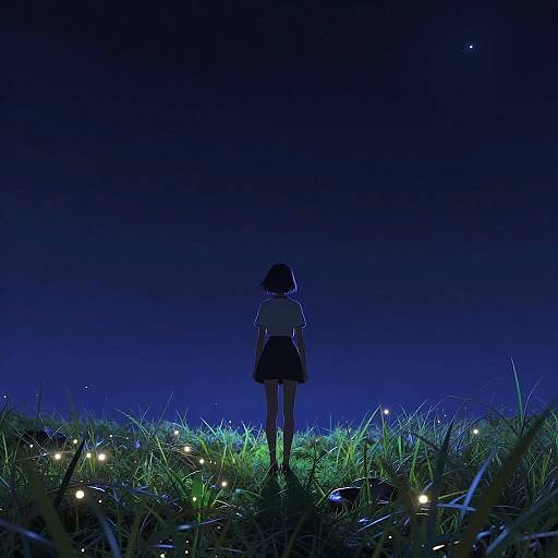 Digital anime-style artwork of a girl with short black hair, wearing a white shirt and black skirt, standing in glowing grass under a dark blue night sky