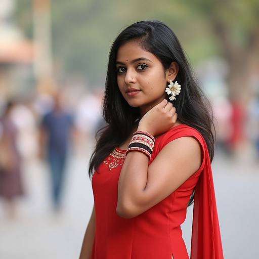 Photograph of a young South Asian woman with long black hair, wearing a red saree, white flower earrings, and red bangles, standing confidently