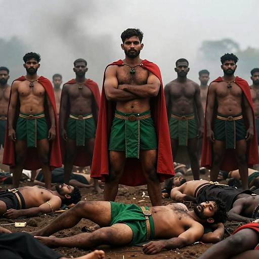 Muscular Warriors Amidst a Dark Scene