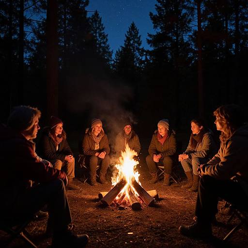 Photograph of six friends, dressed warmly, sitting around a glowing campfire in a dark forest at night, surrounded by tall trees.