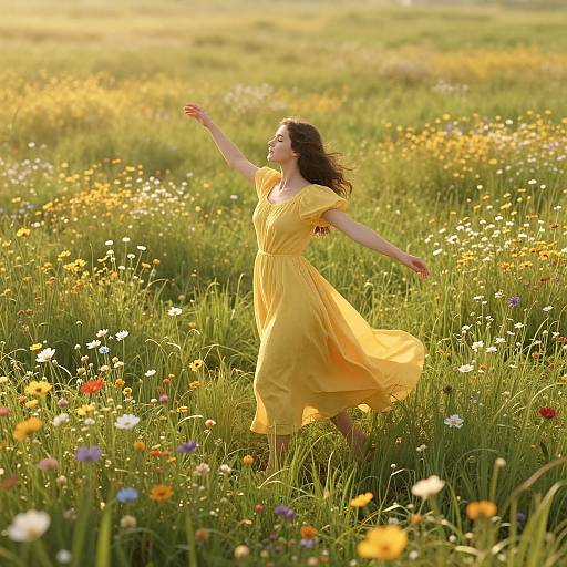 Photograph of a joyful woman in a flowing yellow dress dancing in a sunlit meadow filled with colorful wildflowers.