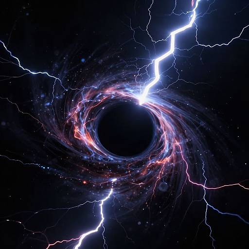 Digital artwork of a black cosmic vortex surrounded by vibrant lightning bolts in blue, pink, and white against a dark, starry background.