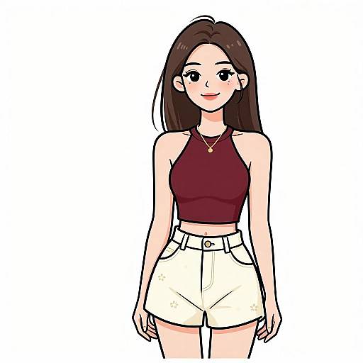 Digital anime-style drawing of a cute, smiling young woman with long brown hair, wearing a maroon crop top and white high-waisted shorts.