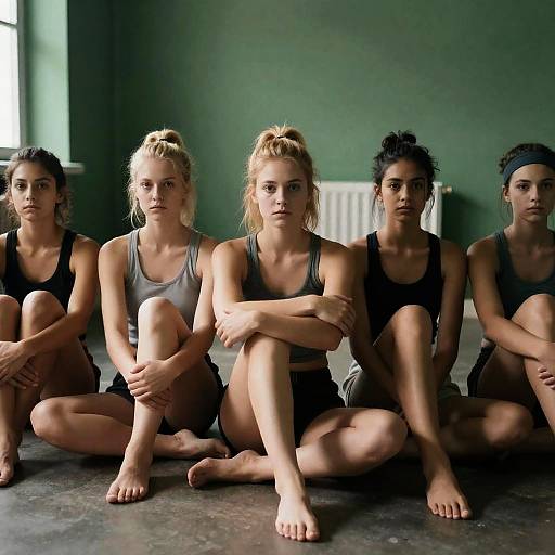 Serious Young Women in Dim Green Room