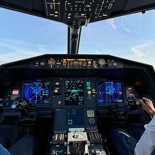Photograph of a cockpit interior with a pilot's hands on the controls, displaying detailed navigation screens and instrument panels against a bright blue sky.
