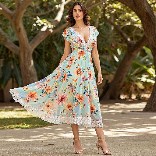 Photograph of a brunette woman in a light blue, floral, V-neck dress with white lace trim, standing outdoors on a sunny path, surrounded by