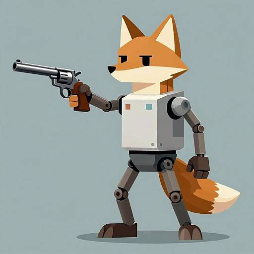 Digital illustration of a robotic fox holding a gun, standing on two legs, with orange fur, white chest, and blue background.