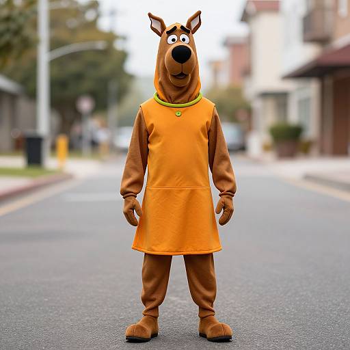 Photograph of a person standing on a suburban street in a Scooby-Doo costume with an orange dress and brown fur suit. Blurred background with