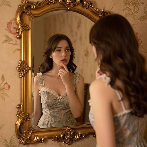 Young woman with wavy brown hair, wearing a lace-trimmed, pale blue dress, stands before an ornate, golden-framed mirror,