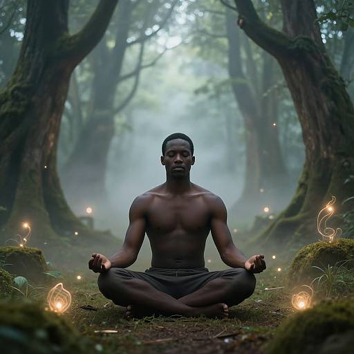 Photograph of a muscular, dark-skinned man in a black meditation outfit, sitting cross-legged in a misty, enchanted forest with glowing fireflies