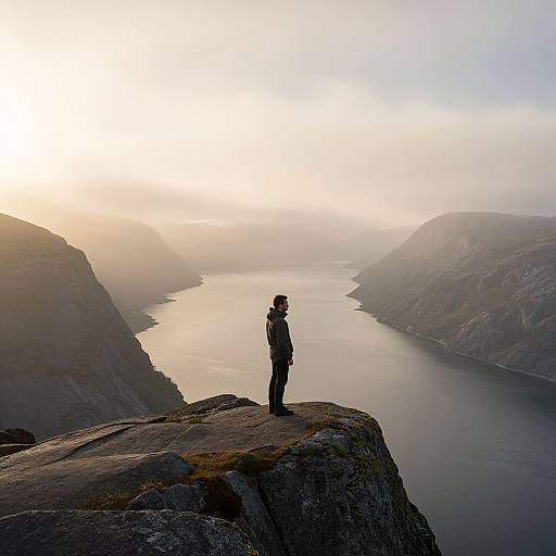 Tranquil Fjord Landscape with Solitary Figure
