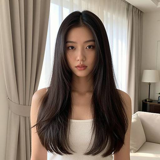 Photograph of an Asian woman with long, straight black hair, wearing a white tank top, standing in a bright room with beige curtains and a white
