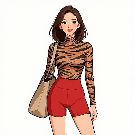 Smiling Woman in Sporty Tiger Print Outfit