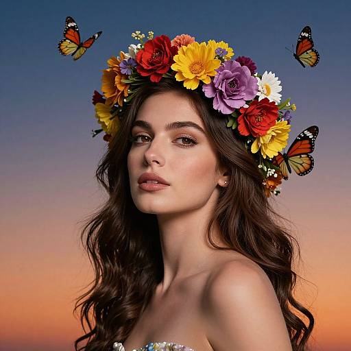 Photograph of a beautiful brunette woman with wavy hair, wearing a vibrant flower crown, surrounded by butterflies, against a sunset sky.
