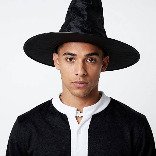 Photograph of a young man with medium skin tone wearing a black witch hat and black robe over a white shirt, against a white background.