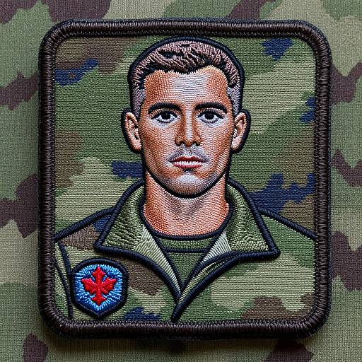 Embroidered military patch featuring a serious, mustached soldier in camouflage uniform with a blue and red star, set on a camouflage background.