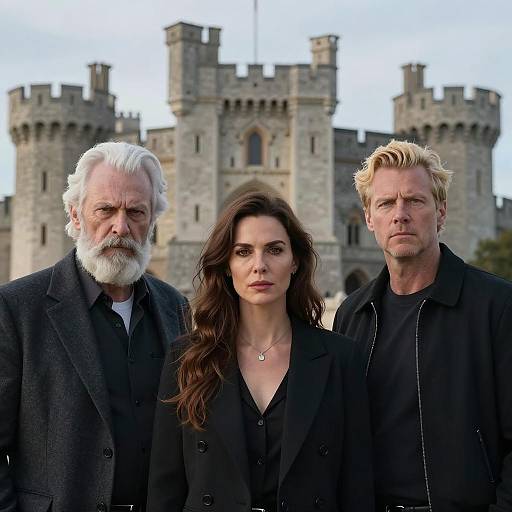 Three Figures Before a Majestic Castle