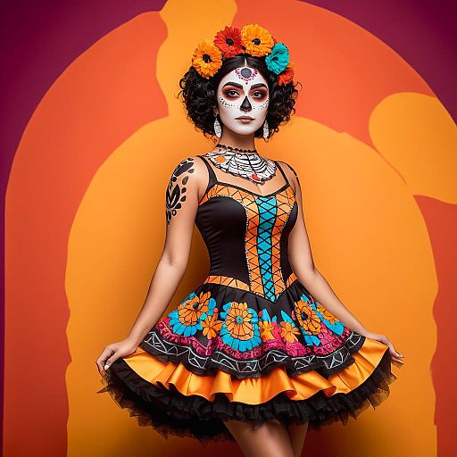 Cheerful Young Woman in Catrina Costume