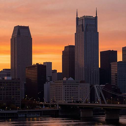 Photograph of a city skyline at sunset with tall skyscrapers, vibrant orange and pink sky, and a bridge in the foreground.