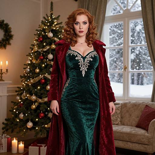 Photograph of a red-haired woman in a green velvet dress with lace detailing and red velvet coat, standing in a festive, candlelit living room with