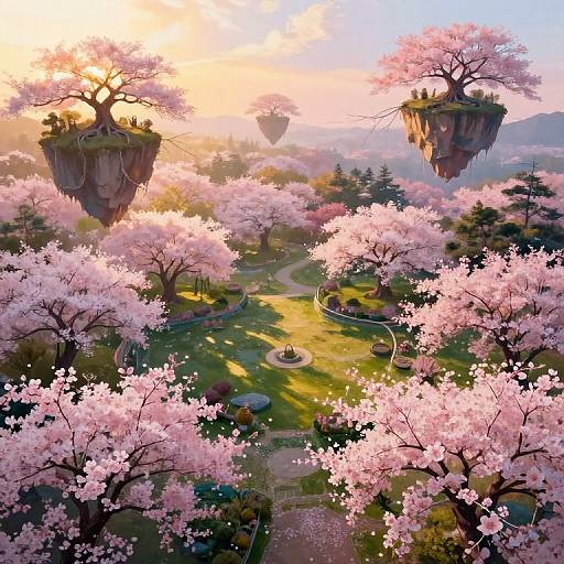 Digital fantasy artwork of floating islands with cherry blossom trees, sunlight filtering through, and tiny figures atop the islands. Vibrant pink blossoms dominate the foreground