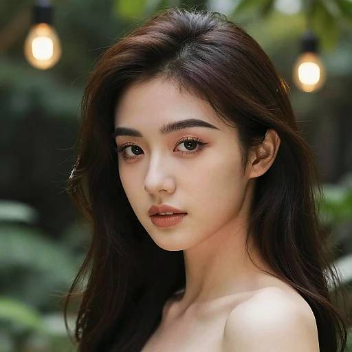 Photograph of a young Asian woman with fair skin and long, dark brown hair, looking softly at the camera, set against a blurred green outdoor background