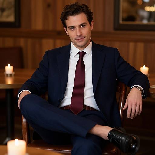 Photograph of a handsome, dark-haired man in a black suit, white shirt, and maroon tie, sitting confidently with crossed legs, candles lit