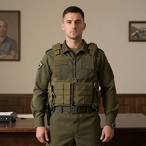 Photograph of a serious, short-haired, white male police officer in olive green tactical uniform, standing in a wood-paneled office with framed portraits on
