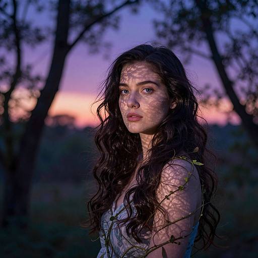 Photograph of a young woman with long, wavy brown hair, shadowed by tree branches, against a twilight sky with purple and pink hues.