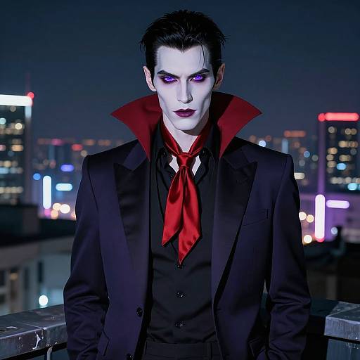 Photograph-style digital art of pale, dark-haired vampire with purple eyes, black suit, red scarf, and high collar, standing on rooftop at night