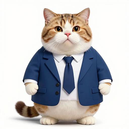 Digital illustration of a chubby, fluffy tabby cat wearing a blue suit, white shirt, and dark blue tie, standing against a plain white background.