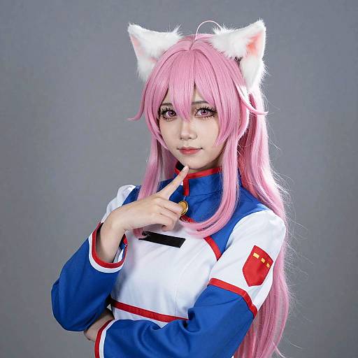 Photograph of an Asian woman cosplaying with pink hair, white cat ears, and a blue and white anime-style outfit, touching her finger to her