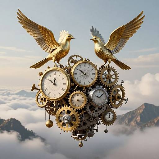 Photograph of two golden birds with outstretched wings perched on a floating clockwork mechanism composed of multiple gears and clocks, set against a cloudy