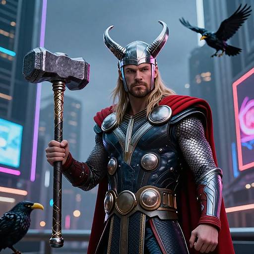 Digital artwork of a muscular, blond-bearded man in silver armor with a red cape, horned helmet, and giant hammer, standing in a neon