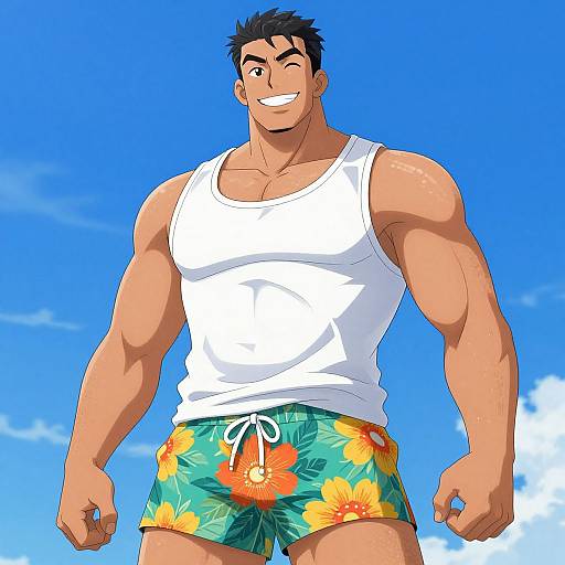 Muscular anime man with tan skin, black spiky hair, white tank top, and floral swim trunks, winking, against bright blue sky