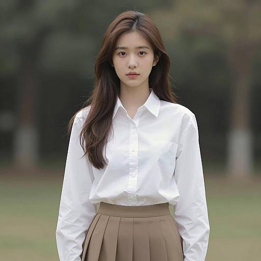 Photograph of a young Asian woman with long brown hair, wearing a white button-up shirt and brown pleated skirt, standing in a blurred outdoor green