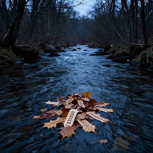 Photograph of a dark, shallow forest stream with blue-tinted water, surrounded by barren trees. Foreground features a pile of brown autumn leaves