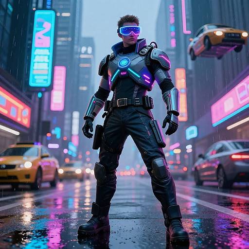 Photorealistic CGI of a futuristic, armored man with neon visor, standing in a rainy, neon-lit city street, surrounded by cars.