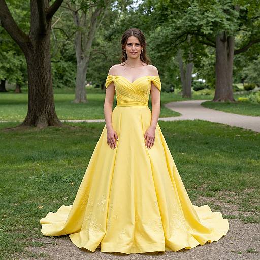 Photograph of a woman with long brown hair wearing an off-shoulder, vibrant yellow ball gown in a lush green park.