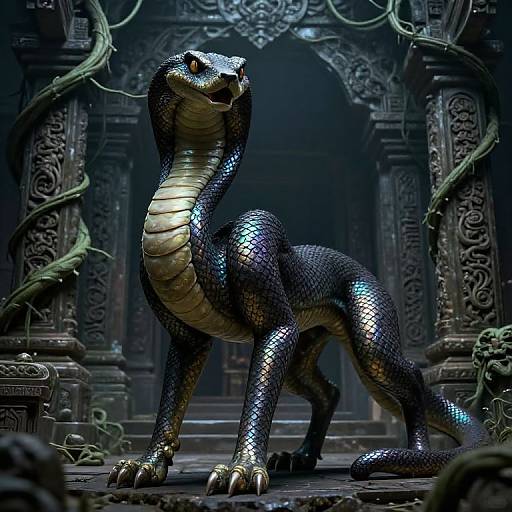 Digital artwork of a shiny, dark-scaled cobra-like creature with yellow underbelly, standing on a stone floor between intricately carved archways