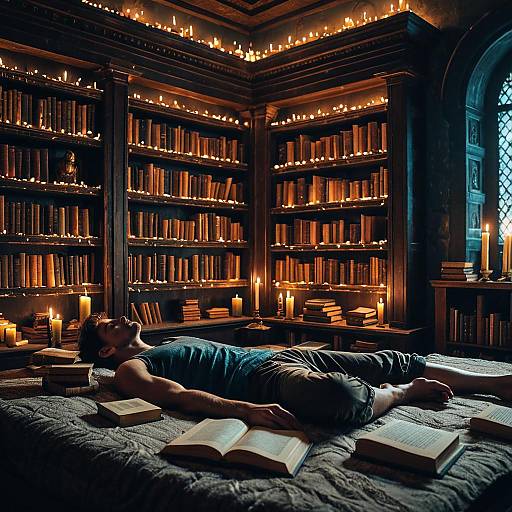 Young Man Meditating in Magical Library