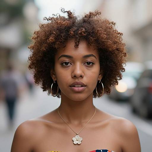 Photograph of a young Black woman with natural curly brown hair, hoop earrings, and a floral necklace, standing on a blurred urban street.