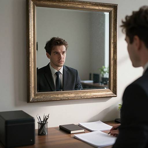 Photograph of a man with curly brown hair, wearing a black suit and tie, reflected in an ornate gold-framed mirror, standing in a
