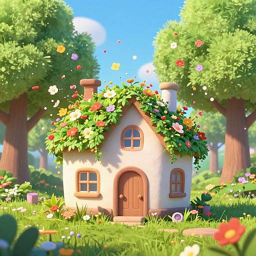 Whimsical, CGI-rendered fairy house with a flower-covered roof, nestled in a vibrant, sunlit forest, surrounded by colorful flowers and lush