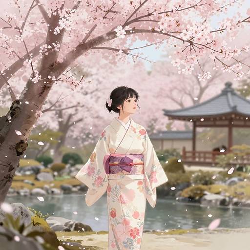 Serene Kimono in Cherry Blossom Garden