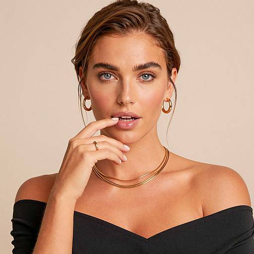 Woman Wearing Gold Jewelry and Black Off-Shoulder Top